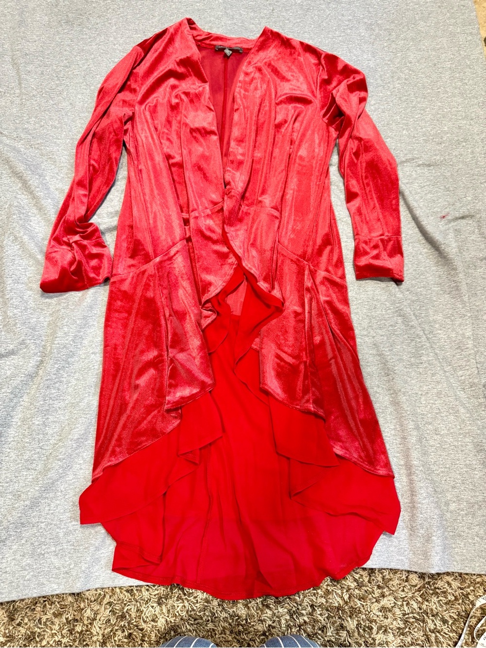 Kate & Mallory Red Velvet Ruffle-Front Long Cardigan - Picture 3 of 8
